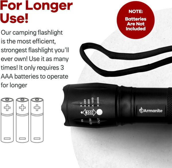 Armanite LED Tactical Flashlight, Camping Gear & Tactical Gear Flashlight for Self Defense & Emergency Survival Kit, Hiking Gear Adult’s & Kids Flash Light, Pocket Light, Water-Resistant Powerful - Image 4