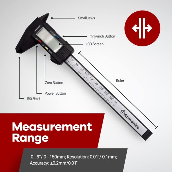 Armanite Portable Digital Caliper, Electronic Micrometer with Large LCD Screen, Caliper Measuring Tool for DIY Projects, Digital Micrometer for Easy Conversion, Auto-Off, Digital Ruler, 2 Batteries - Image 9